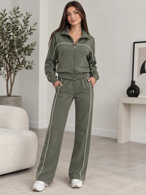 Meride Fashion Uzun Kollu Önden Fermuarlı Bluz ve Pantolon Modal Ikili Takım- 61941