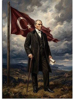 Artmeg Türk Bayraklı Atatürk Bozkırda Duruş Dekoratif Kanvas - Mdf Ahşap Tablo