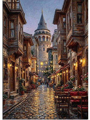 Artmeg Galata Kulesi ve Taş Sokak Restoranlı Dekoratif Kanvas - Mdf Ahşap Tablo