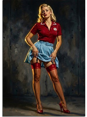 Artmeg Kırmızı Bluzlu Pin-Up Kadın Pozu Dekoratif Kanvas - Mdf Ahşap Tablo