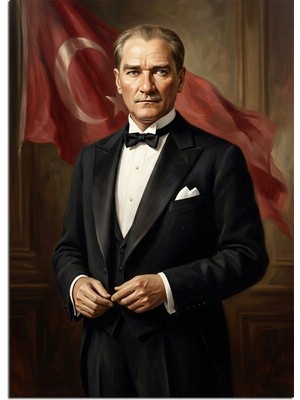 Artmeg Smokinli Atatürk Türk Bayraklı Portre Dekoratif Kanvas - Mdf Ahşap Tablo