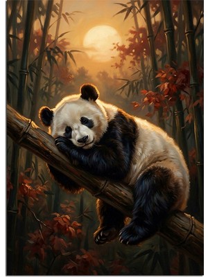 Artmeg Bambu Dalında Uyuyan Panda Ay Işıklı Dekoratif Kanvas - Mdf Ahşap Tablo