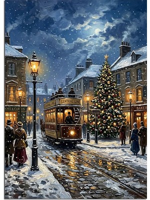 Artmeg Karlı Sokakta Tramvay ve Noel Ağaçlı Dekoratif Kanvas - Mdf Ahşap Tablo