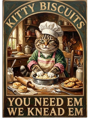 Artmeg Kedi Şef Kurabiye Yaparken Kıtty Bıscuıts Posteri Dekoratif Kanvas - Mdf Ahşap Tablo