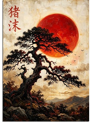 Artmeg Kırmızı Güneş Altında Çam Ağacı Japon Dekoratif Kanvas - Mdf Ahşap Tablo