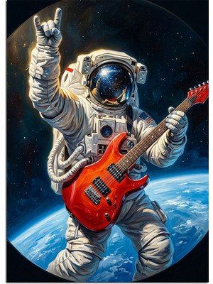Artmeg Uzayda Gitar Çalan Astronot ve Dünya Manzaralı Dekoratif Kanvas - Mdf Ahşap Tablo