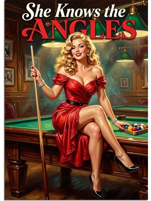 Artmeg Kırmızı Elbiseli ve Bilardo Masalı Pin-Up Kadın Dekoratif Kanvas - Mdf Ahşap Tablo