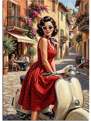 Artmeg Beyaz Scooter ve Kırmızı Elbiseli Pin-Up Kadın Gözlüklü Dekoratif Kanvas - Mdf Ahşap Tablo