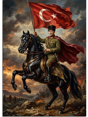 Artmeg Türk Bayraklı At Üzerinde Asker Atatürk Dekoratif Kanvas - Mdf Ahşap Tablo