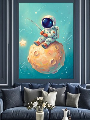 Artmeg Ay Üzerinde Olta Ile Balık Tutan Astronot Dekoratif Kanvas - Mdf Ahşap Tablo