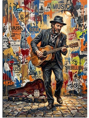 Artmeg Grafiti Duvar Önünde Gitar Çalan Müzisyen Dekoratif Kanvas - Mdf Ahşap Tablo