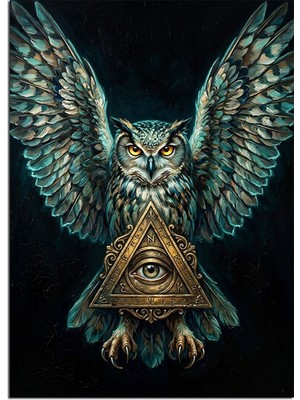 Artmeg Mavi Baykuş ve Göz Sembollü Illuminati Dekoratif Kanvas - Mdf Ahşap Tablo