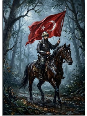 Artmeg Sisli Ormanda Bayrak Tutan Atlı Asker Dekoratif Kanvas - Mdf Ahşap Tablo