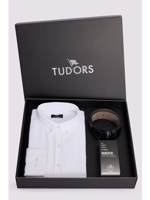 Tudors Özel Kutulu Erkek 3'lü Set Gömlek, Parfüm ve Kemer Hediyelik Çeyizlik Damat Bohçası Seti
