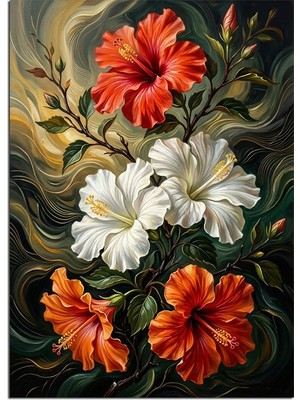 Artmeg Kırmızı Beyaz Hibiskus Çiçek Buketi Dekoratif Kanvas - Mdf Ahşap Tablo