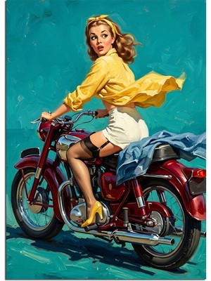 Artmeg Kırmızı Motosikletli Sarı Ceketli Sarışın Pin-Up Kadın Dekoratif Kanvas - Mdf Ahşap Tablo