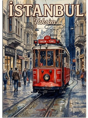 Artmeg Istanbul Taksim ve Kırmızı Tramvay ve Kalabalık Sokak Dekoratif Kanvas - Mdf Ahşap Tablo
