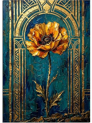 Artmeg Sarı Gelincik ve Mavi Art Deco Kapı ve Altın Dekoratif Kanvas - Mdf Ahşap Tablo