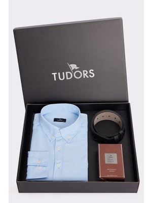 Tudors Özel Kutulu Erkek 3'lü Set Gömlek, Parfüm ve Kemer Hediyelik Çeyizlik Damat Bohçası Seti