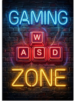 Artmeg Duvar Üzerinde Neon Gaming Zone Dekoratif Kanvas - Mdf Ahşap Tablo