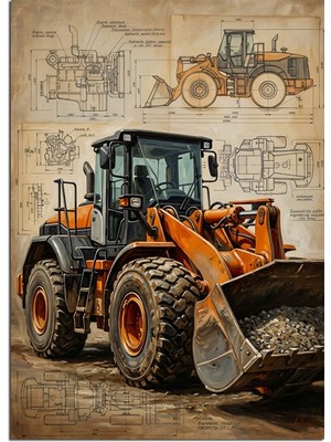 Artmeg Teknik Çizimli Turuncu Kepçe Dozer Dekoratif Kanvas - Mdf Ahşap Tablo