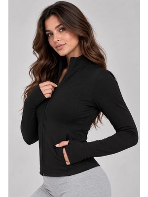 Banega Kadın Fermuarlı Dik Yaka Cepli Parmak Geçmeli Slim Fit Bluz Crop Siyah Spor Ceket