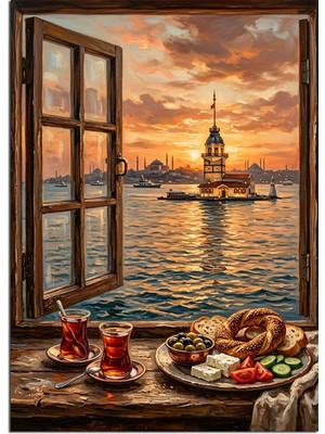 Artmeg Istanbul Manzaralı Boğaz Kahvaltı Keyfi Dekoratif Kanvas - Mdf Ahşap Tablo