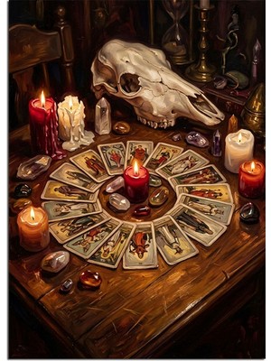 Artmeg Mum Işıklı Tarot Falı Masası Dekoratif Kanvas - Mdf Ahşap Tablo