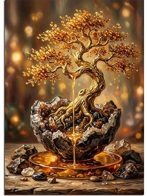Artmeg Altın ve Işıklı Bonsai Ağacı Kayada Dekoratif Kanvas - Mdf Ahşap Tablo