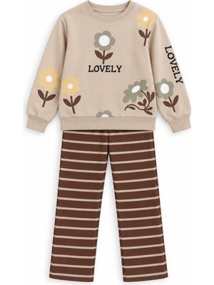 Yiğit Butik Kız Çocuk Lovely Yazılı Çiçek Baskılı Sweatshirt Çizgili Pantolon Alt Üst Takım