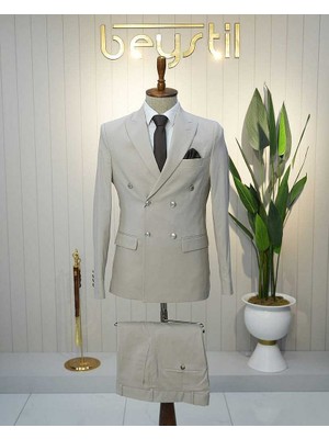 Beystil Sivri Yaka Krem Kruvaze Takım Elbise Nikol - Slim Fit