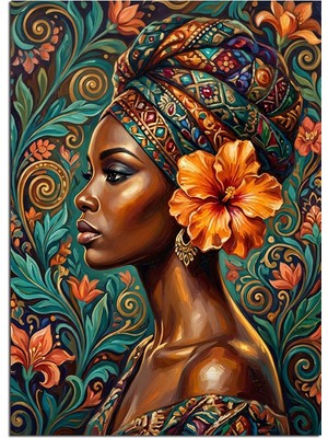 Artmeg Çiçek Taçlı Afrikalı Kadın Profili Dekoratif Kanvas - Mdf Ahşap Tablo