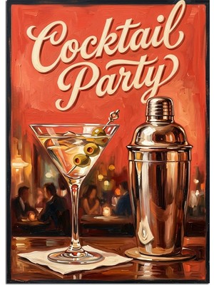 Artmeg Cocktail Party ve Kokteyl Bardağı Retro Poster Dekoratif Kanvas - Mdf Ahşap Tablo