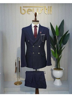 Beystil Sivri Yaka Lacivert Çizgili Kruvaze Takım Elbise Togo - Slim Fit