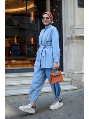 Esra Butik 🌸 Ince Tensel Kot Kumaş Balon Pantolonlu Tunik Takım – Açık Mavi