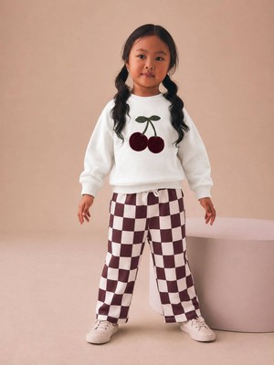 Elzo Collection Kız Çocuk Kiraz Nakış Baskılı Sweatshirt Damalı Pantolon Alt Üst Takım