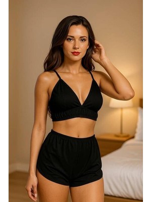 Kadın Siyah Yüksek Bel Şortlu Bralet Takım - VANELO6423-9284