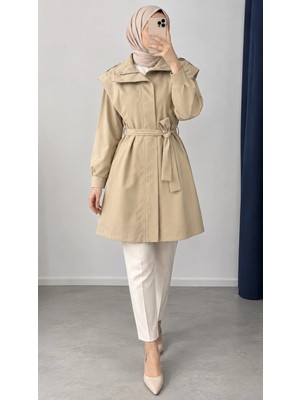 Nevayla Moda Kuşaklı Fermuarlı Mevsimlik Trençkot - Bej / M0116