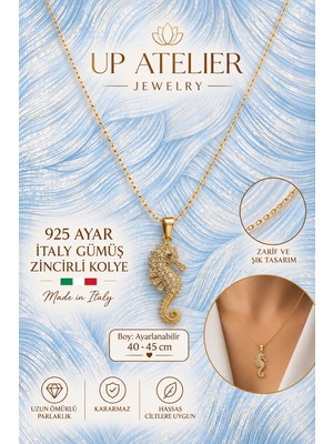 Up Atelier 925 Ayar Gümüş Ithal Zincirli Zirkon Taşlı Denizatı Kolye 40-45CM Ayarlanabilir