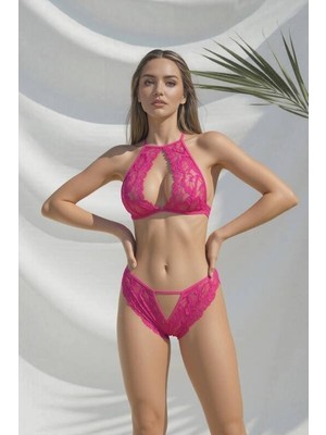Kadın Pembe Dantel Göğüs Dekolteli Bralet Takım - VANELO2978-2586