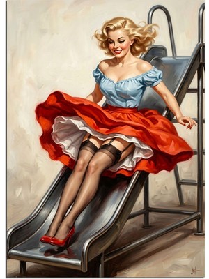 Artmeg Kaydırakta Oturan Pin-Up Güzeli Dekoratif Kanvas - Mdf Ahşap Tablo