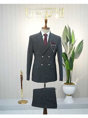 Beystil Sivri Yaka Gri Kruvaze Takım Elbise Nikol - Slim Fit