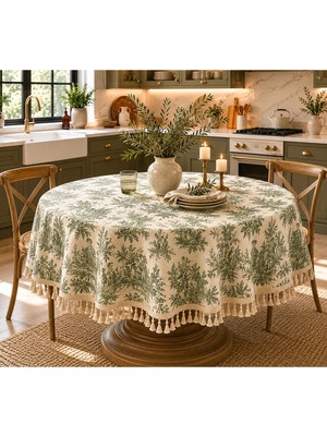 Luxoras Home Yuvarlak Duck Kumaş Fransız Köylü Desenli Püsküllü Masa Örtüsü Country Bohem Salon ve Mutfak