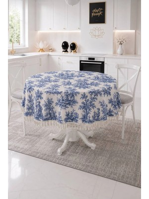 Luxoras Home Yuvarlak Duck Kumaş Fransız Köylü Desenli Püsküllü Masa Örtüsü Country Bohem Salon ve Mutfak