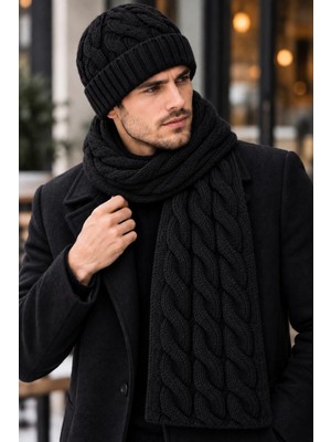 Wearflawless Erkek Yün Atkı Bere Seti, 2'li Kışlık Yün Saç Örgü Desenli Bere ve Atkı Takımı, Erkek Için Hediye