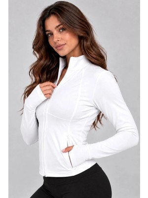 Banega Kadın Fermuarlı Dik Yaka Cepli Parmak Geçmeli Slim Fit Bluz Crop Beyaz Spor Ceket