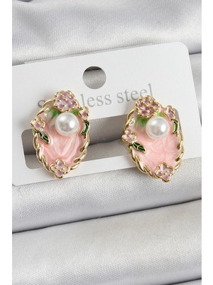 Marsilyan Pirinç Pembe Mineli Inci Detaylı Sanatsal Portre Model Gold Renk Kadın Küpe TJ-BKP10690