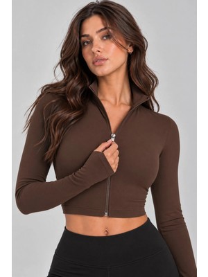 Banega Kadın Fermuarlı Dik Yaka Parmak Geçmeli Uzun Kollu Slim Fit Spor Siyah Bluz Crop