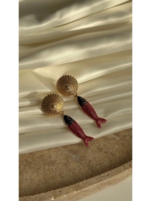 Zr Model Kırmızı Balık Sallantılı Çelik Küpe