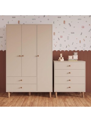 Bimossa TK3030 Bunny Kumtaşı 3 Kapaklı Gardırop, 4 Çekmeceli Şifonyer,yüksek Ayaklı Bebek Çocuk Odası Takımı